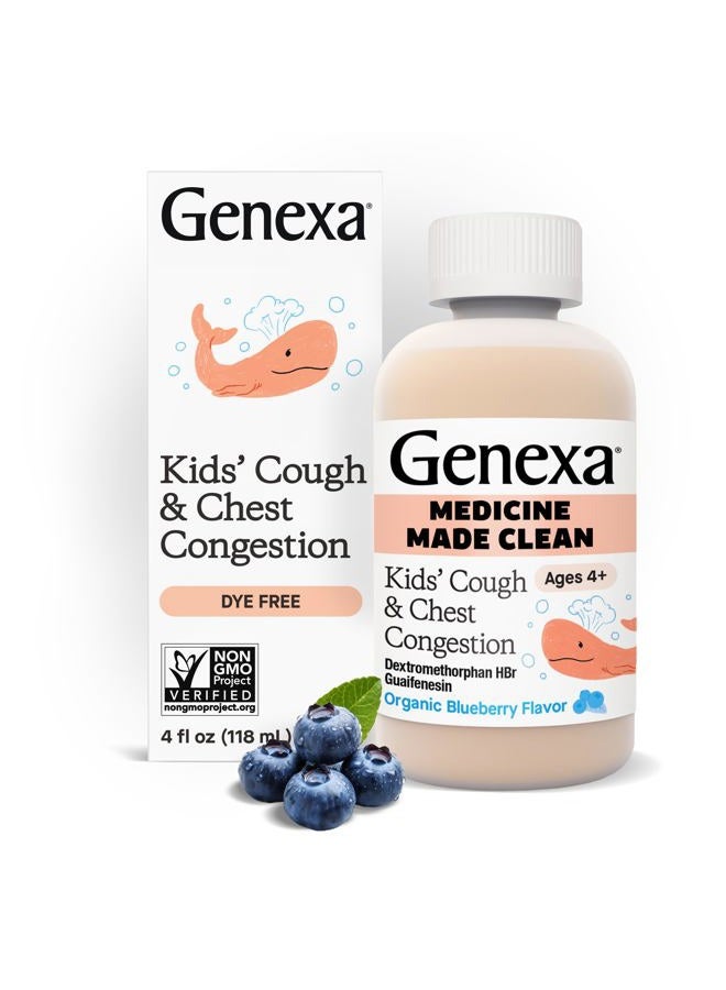 Genexa Kids' Clean Cough & Chest Congestion Medicine, Dye Free, 0% Artificial Additives, Multi-Symptom Cough Syrup for Kids 4-11, Cough Suppressant & Expectorant, Organic Blueberry Flavor, 4 fl oz - Image 1