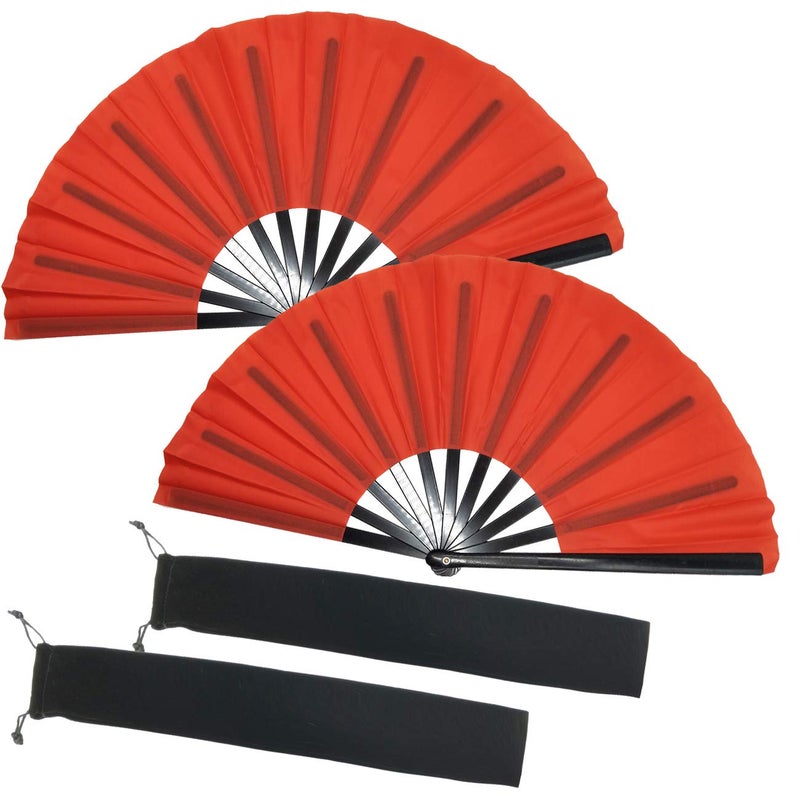 TIHOOD 2PCS Large Red Folding Silk Hand Fan Hand Folding Fans Chinese Tai Chi Folding Fan for Men and Women Performance Dance Decorations Festival Gift Red x2