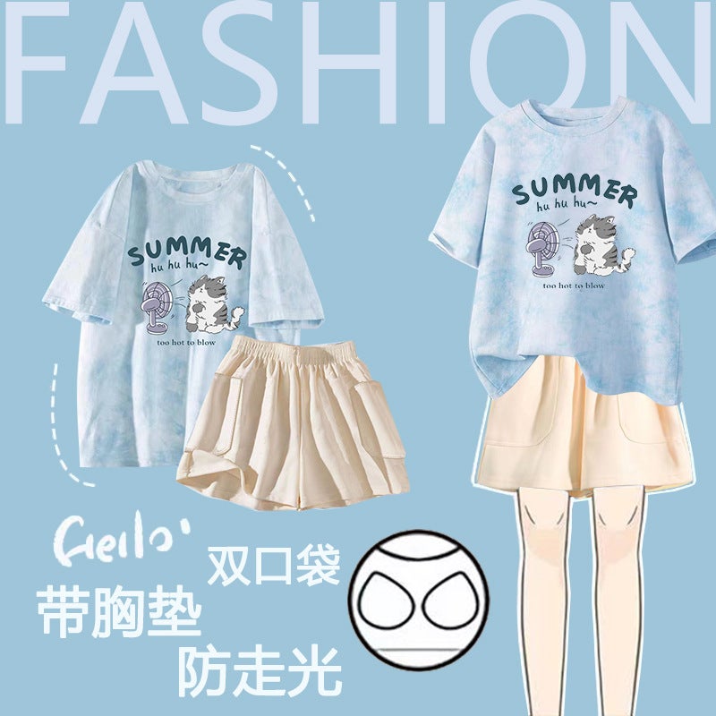 2024 New Arrival Pajamas Women''s Summer Pure Cotton Short Sleeve Shorts with Chest Pad Thin Pure Cotton Home Wear - Image 1