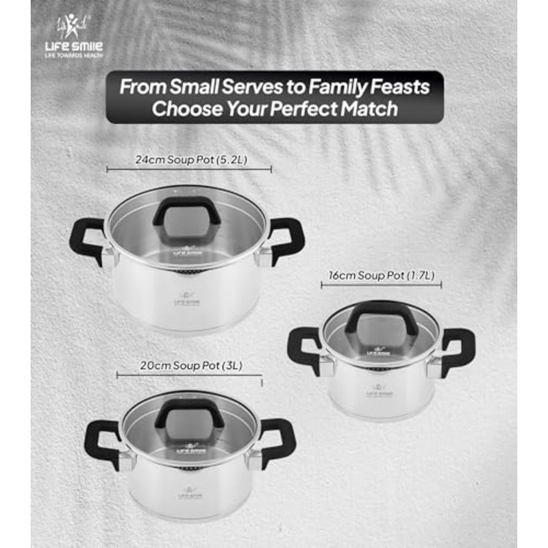 6-Piece Stainless Steel Soup Pot Set for kitchen use, silver color, induction compatible with glass lids bakelite handles, 16cm/20cm/24cm sizes - Image 3