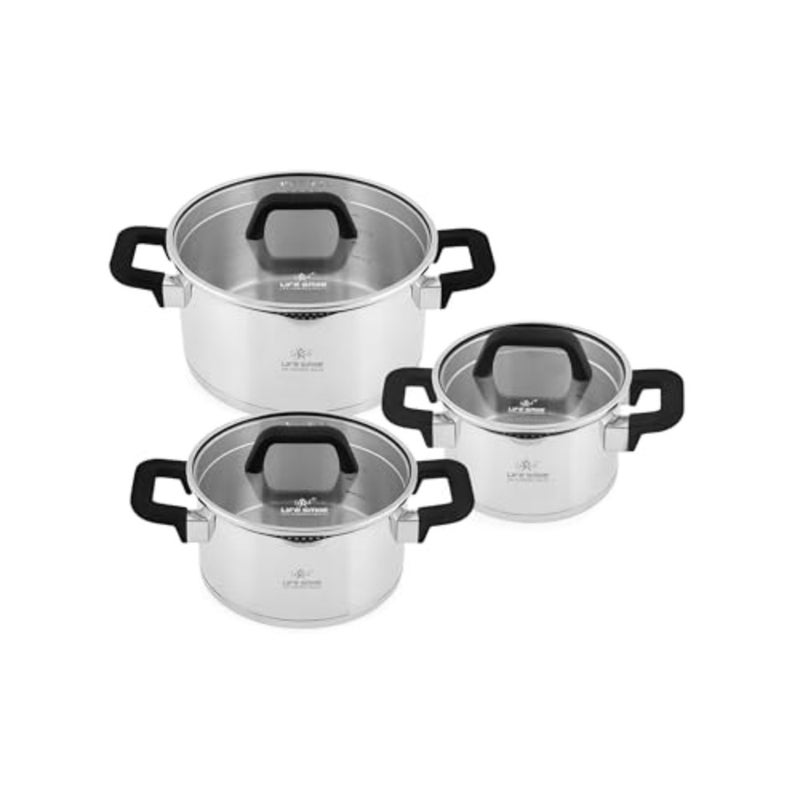 6-Piece Stainless Steel Soup Pot Set for kitchen use, silver color, induction compatible with glass lids bakelite handles, 16cm/20cm/24cm sizes - Image 1