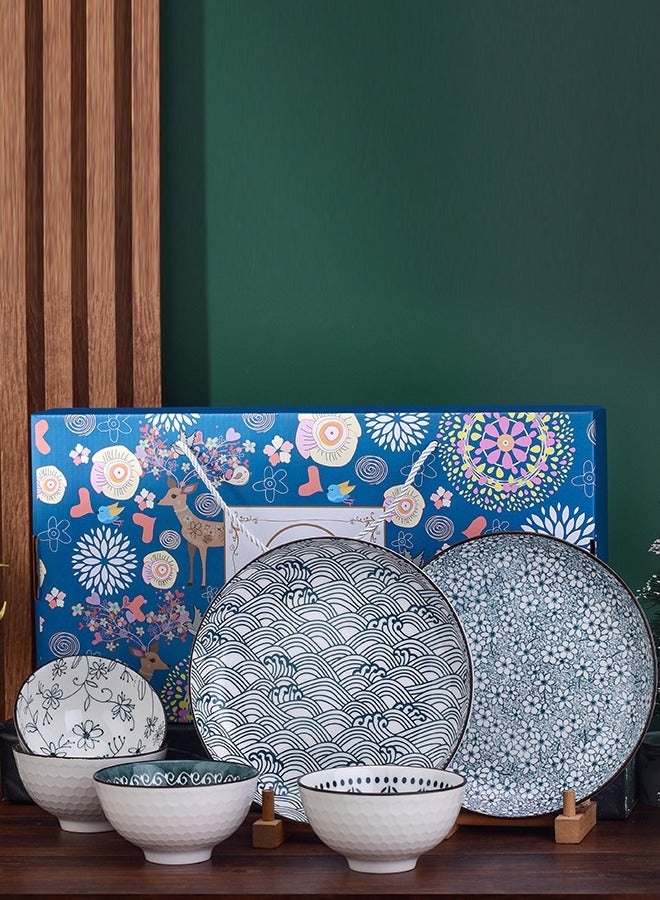 Al Aoyama 6pcs Ceramic Tableware Set - Vintage Style Bowls, Plates & Spoons Gift Box,  Dinnerware for Home, Holiday, Wedding Present  - Image 1