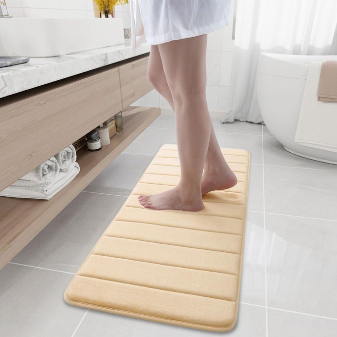 MEMORY FOAM BATH MAT 47 X 17 ULTRA SOFT AND NONSLIP BATHROOM RUGS WATER ABSORBENT AND MACHINE WASHABLE BATH RUG RUNNER FOR BATHROOM SHOWER AND TUB GOLD