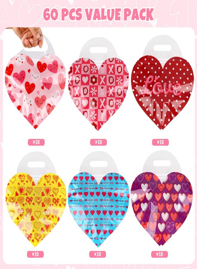 POPGIFTU 60 Pack Valentine’s Day Goodie Bags with Handles & Zipper Closure, Resealable Plastic Candy Bags for Kids Classroom Exchange, Heart Design Treat Bags for Valentine’s Party Favors - Image 3