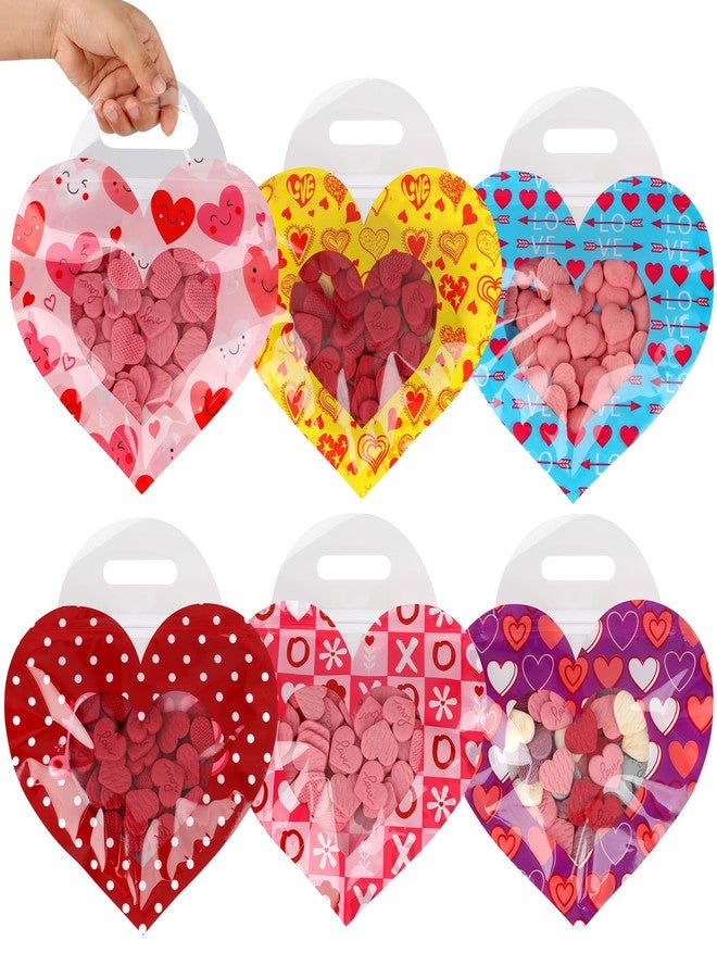 POPGIFTU 60 Pack Valentine’s Day Goodie Bags with Handles & Zipper Closure, Resealable Plastic Candy Bags for Kids Classroom Exchange, Heart Design Treat Bags for Valentine’s Party Favors - Image 1