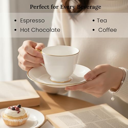 TAGROCK Gold Rim Plain White Fine Bone China Tea Cup Saucers Set - 140ml, Set of 2 (2 Cups & 2 Saucer) - Image 3