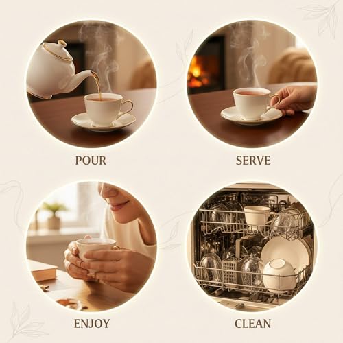 TAGROCK Gold Rim Plain White Fine Bone China Tea Cup Saucers Set - 140ml, Set of 2 (2 Cups & 2 Saucer) - Image 2