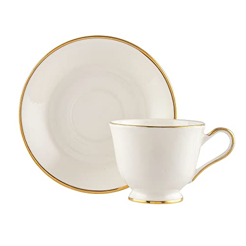 TAGROCK Gold Rim Plain White Fine Bone China Tea Cup Saucers Set - 140ml, Set of 2 (2 Cups & 2 Saucer) - Image 1