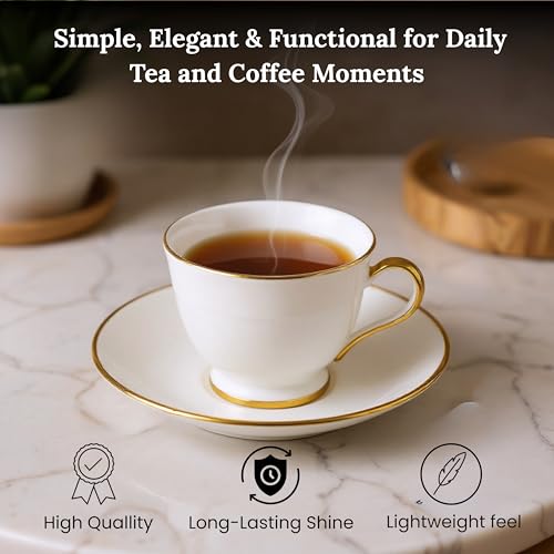 TAGROCK Gold Rim Plain White Fine Bone China Tea Cup Saucers Set - 140ml, Set of 2 (2 Cups & 2 Saucer) - Image 4
