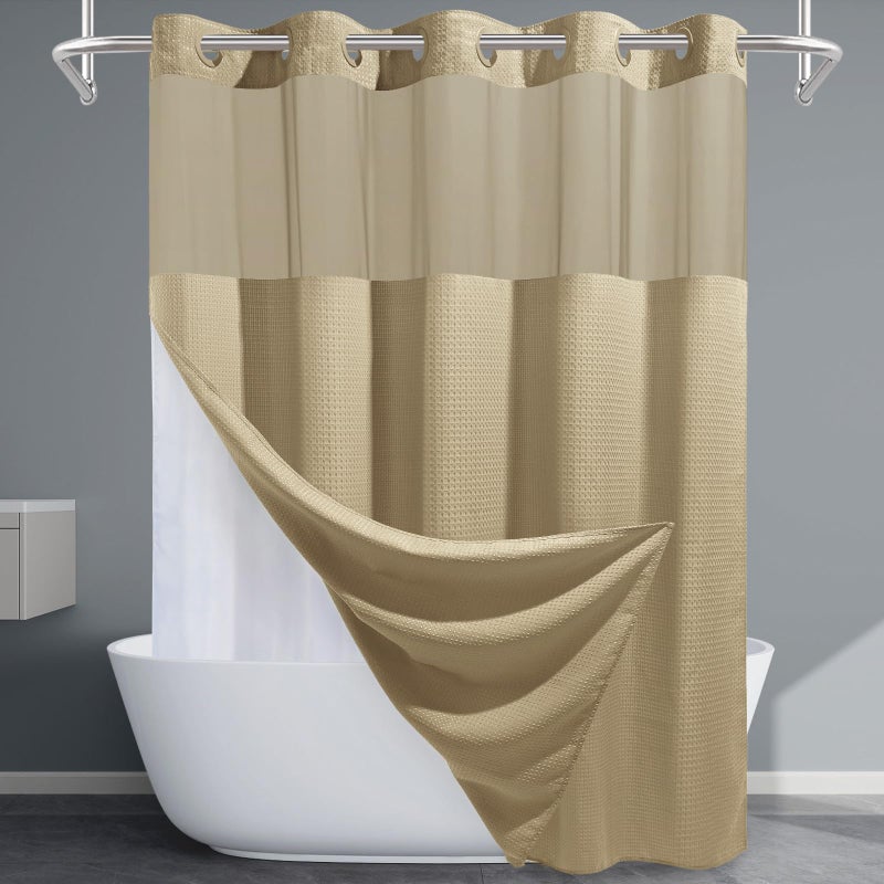 EUTXL Beige No Hook Shower Curtain with Snap in Liner,230GSM Waffle Weave Shower Curtains for Bathroom,71W x 74H - Image 1