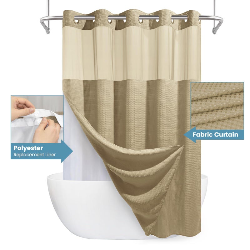 EUTXL Beige No Hook Shower Curtain with Snap in Liner,230GSM Waffle Weave Shower Curtains for Bathroom,71W x 74H - Image 4