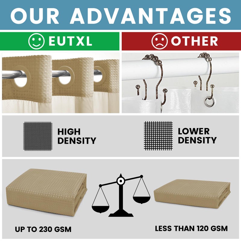 EUTXL Beige No Hook Shower Curtain with Snap in Liner,230GSM Waffle Weave Shower Curtains for Bathroom,71W x 74H - Image 2