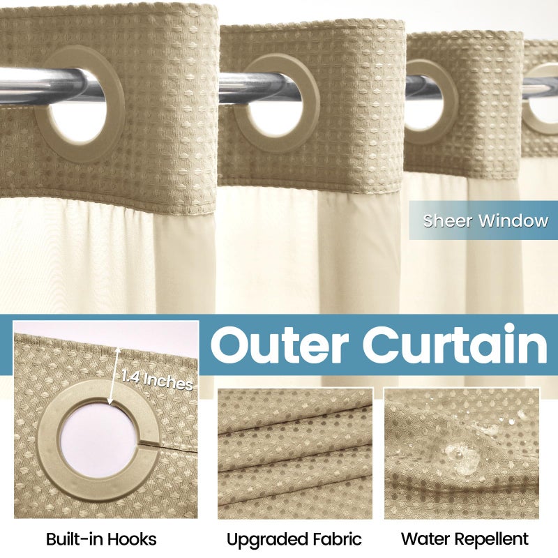 EUTXL Beige No Hook Shower Curtain with Snap in Liner,230GSM Waffle Weave Shower Curtains for Bathroom,71W x 74H - Image 5
