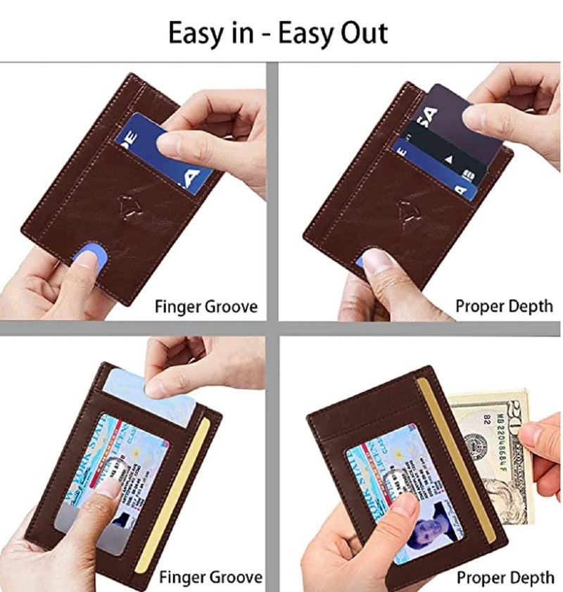 Contacts Genuine Leather Slim Wallet | RFID Blocking Skinny Minimal Thin Front Pocket Wallet Sleeve Card Holder for Men | Up to 7 Card Slots Including 1 ID Window (Brown) - Image 2