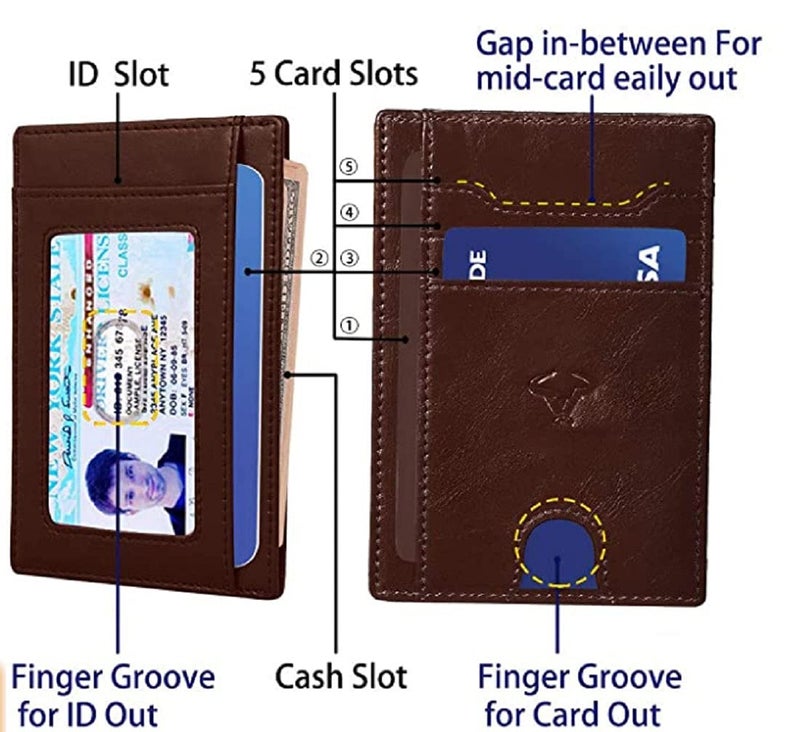 Contacts Genuine Leather Slim Wallet | RFID Blocking Skinny Minimal Thin Front Pocket Wallet Sleeve Card Holder for Men | Up to 7 Card Slots Including 1 ID Window (Brown) - Image 3
