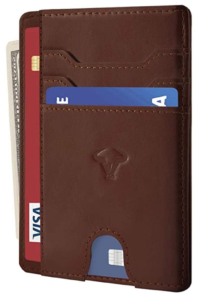 Contacts Genuine Leather Slim Wallet | RFID Blocking Skinny Minimal Thin Front Pocket Wallet Sleeve Card Holder for Men | Up to 7 Card Slots Including 1 ID Window (Brown) - Image 1