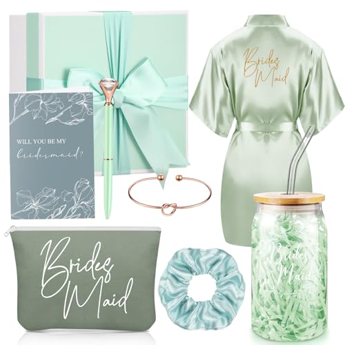 Irenare مجموعة هدايا اقتراح وصيفات العروس - أردية، حقيبة مكياج، كوب، بطاقات، رباط شعر، سوار، قلم ماسي، صندوق هدايا وصيفات العروس (أخضر، 8 قطع) - Image 1