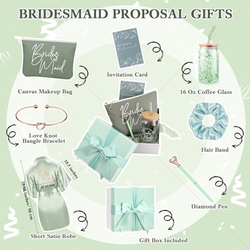 Irenare مجموعة هدايا اقتراح وصيفات العروس - أردية، حقيبة مكياج، كوب، بطاقات، رباط شعر، سوار، قلم ماسي، صندوق هدايا وصيفات العروس (أخضر، 8 قطع) - Image 2