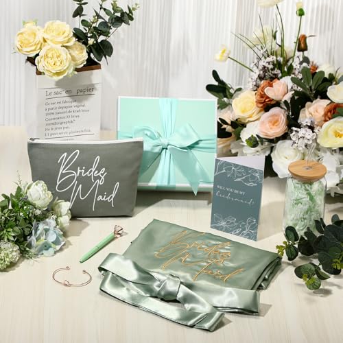 Irenare مجموعة هدايا اقتراح وصيفات العروس - أردية، حقيبة مكياج، كوب، بطاقات، رباط شعر، سوار، قلم ماسي، صندوق هدايا وصيفات العروس (أخضر، 8 قطع) - Image 5