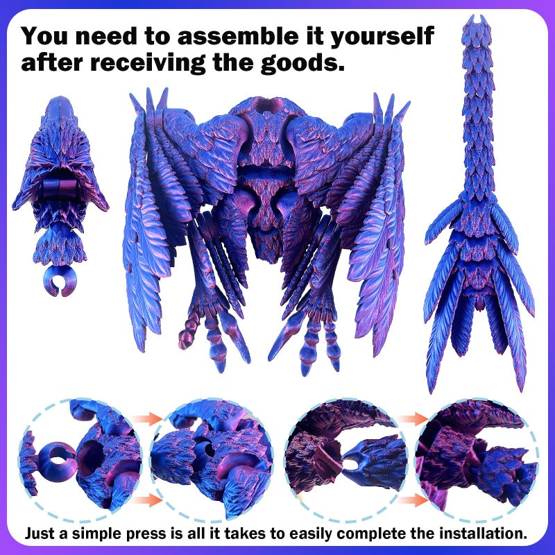 YVBBHE Extra Large Dynamic 3D Printed Dragon Egg with Dragon Insideï¼ŒOpen and Close Mouth with Wings Movable and Eyes, Feathered Wyvern Articulated Crystal Flying Fidget XL Bird Animals (Laser Purple) - Image 5