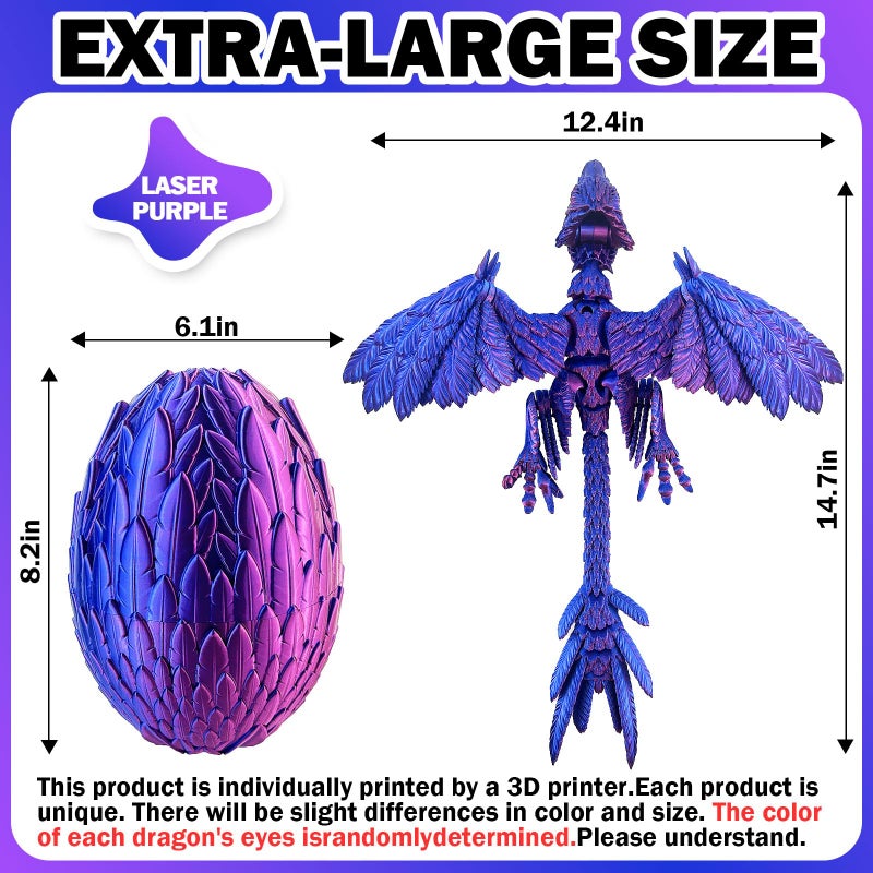 YVBBHE Extra Large Dynamic 3D Printed Dragon Egg with Dragon Insideï¼ŒOpen and Close Mouth with Wings Movable and Eyes, Feathered Wyvern Articulated Crystal Flying Fidget XL Bird Animals (Laser Purple) - Image 3