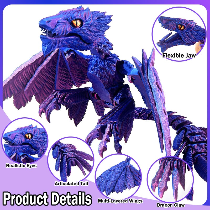 YVBBHE Extra Large Dynamic 3D Printed Dragon Egg with Dragon Insideï¼ŒOpen and Close Mouth with Wings Movable and Eyes, Feathered Wyvern Articulated Crystal Flying Fidget XL Bird Animals (Laser Purple) - Image 4