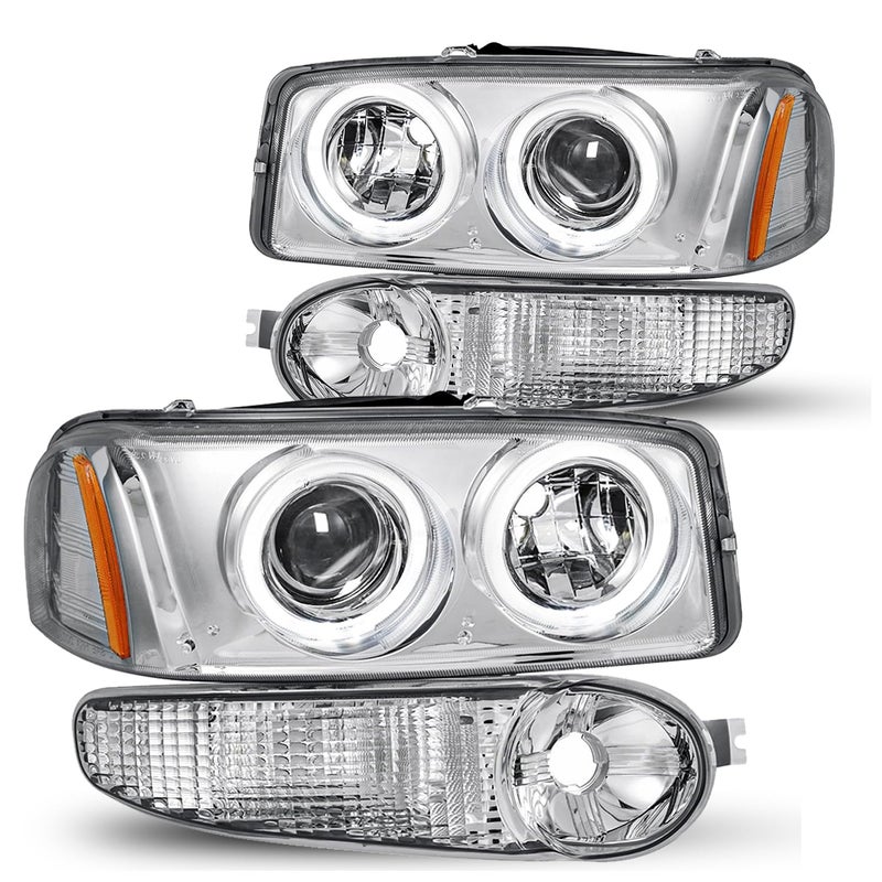 JSBOYAT 4pcs Projector LED Halo Headlight Assembly Fit for 20012006 GMC Yukon Denali Models GMC Sierra 1500 Denali with Bumper Lights Pair Set Replacement Chrome Amber