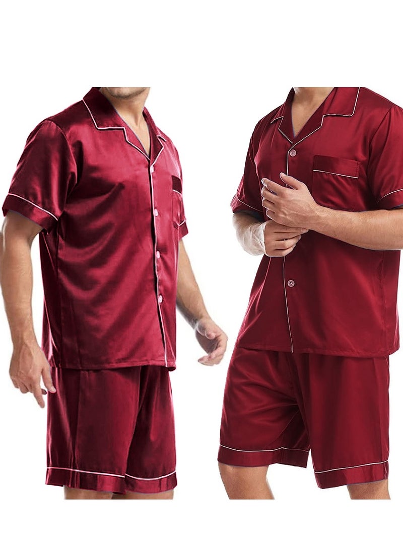 MARGOUN Mens 2pcs Summer Soft Pyjamas Set Short Sleeve Button Down Shirt With Boxer Shorts Red Small (Shirt Length 28''/Shirt Chest 21''/Pajama Length 18''/Pajama Waist 27'')  - Image 5