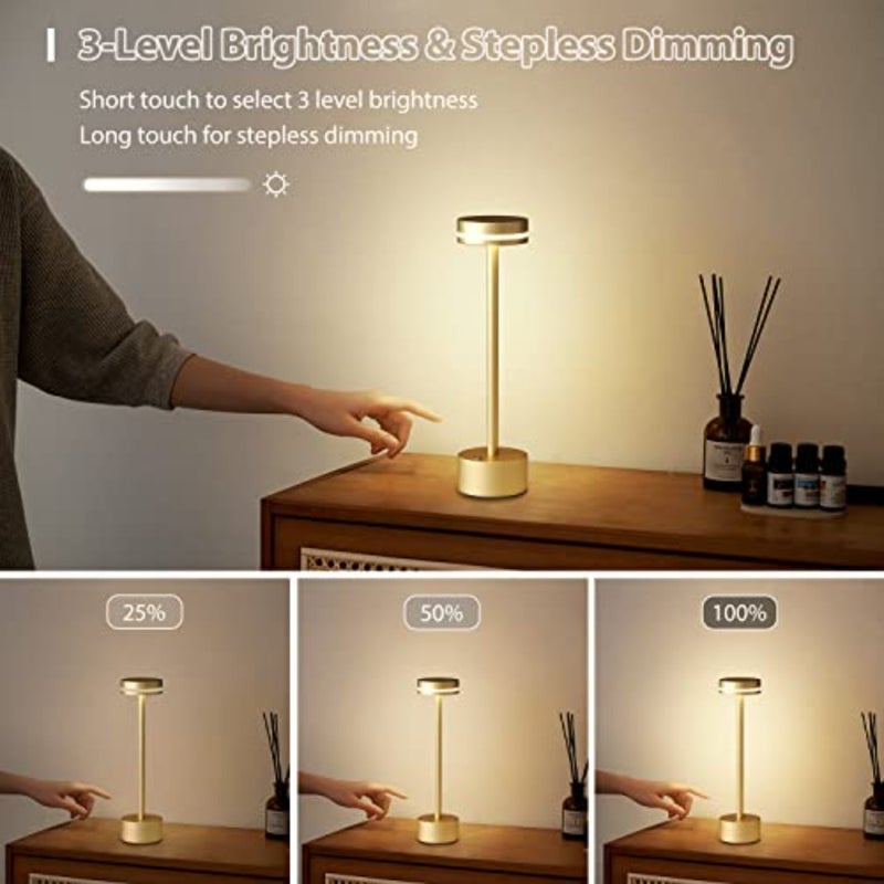 Rechargeable wireless table lamp for dining table and living room, full aluminium body, gold color, 3-level dimming and 3000 K warm light - Image 2