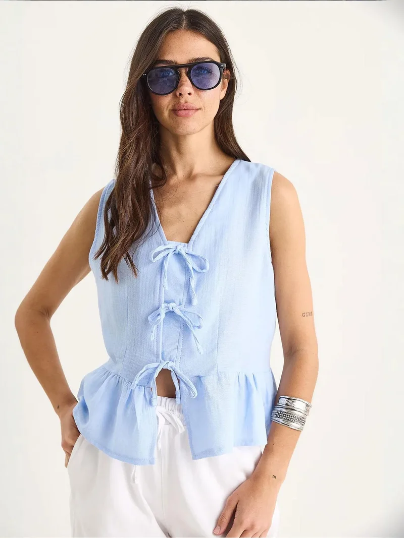 Bianco Lucci Baby Blue LUCCI V-Neck Crepe Blouse with Bow Tie for Women | Best Price UAE