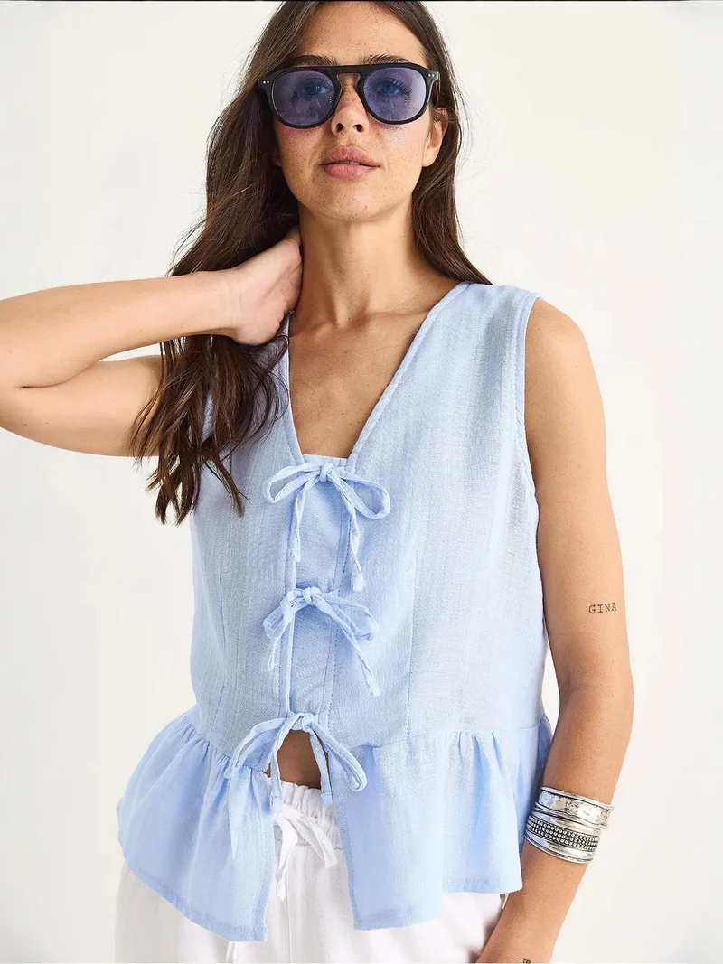 Bianco Lucci Baby Blue LUCCI V-Neck Crepe Blouse with Bow Tie for Women | Best Price UAE