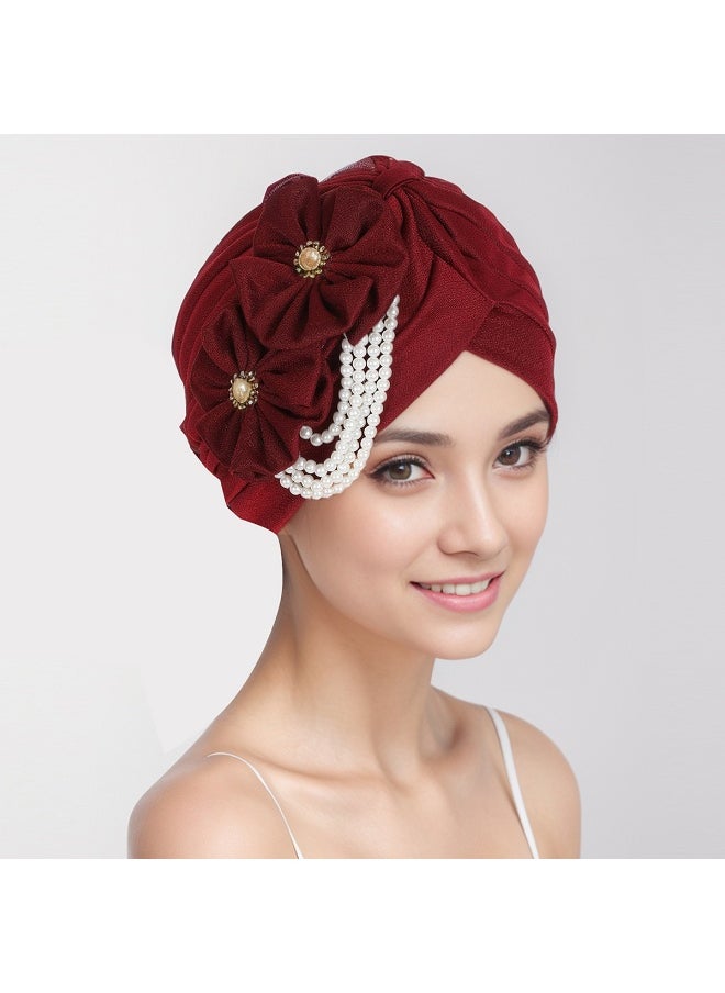 Laravel Women's Flower Pearl Accessories Elegant Fashion Muslim Islamic Arab Hijab Undercap Elastic Turban Hat Headscarf Hat Ramadan Gift Holiday Gift Box - Burgundy  - Image 1