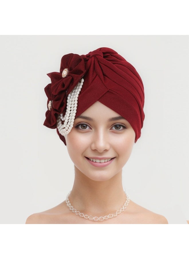 Laravel Women's Flower Pearl Accessories Elegant Fashion Muslim Islamic Arab Hijab Undercap Elastic Turban Hat Headscarf Hat Ramadan Gift Holiday Gift Box - Burgundy  - Image 2
