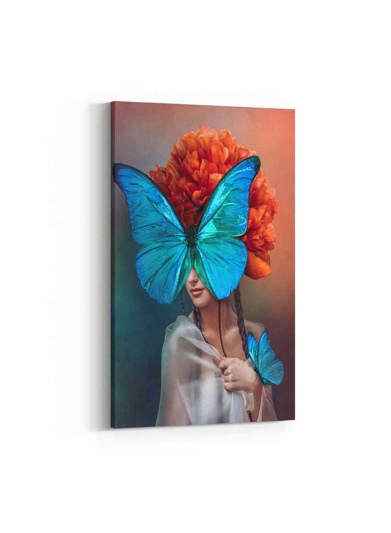 LOWHA Framed Canvas Wall Art Stretched Over Wooden Frame, Woman With Butterflies Painting, For Home, Living Room, Office Decor - Image 1