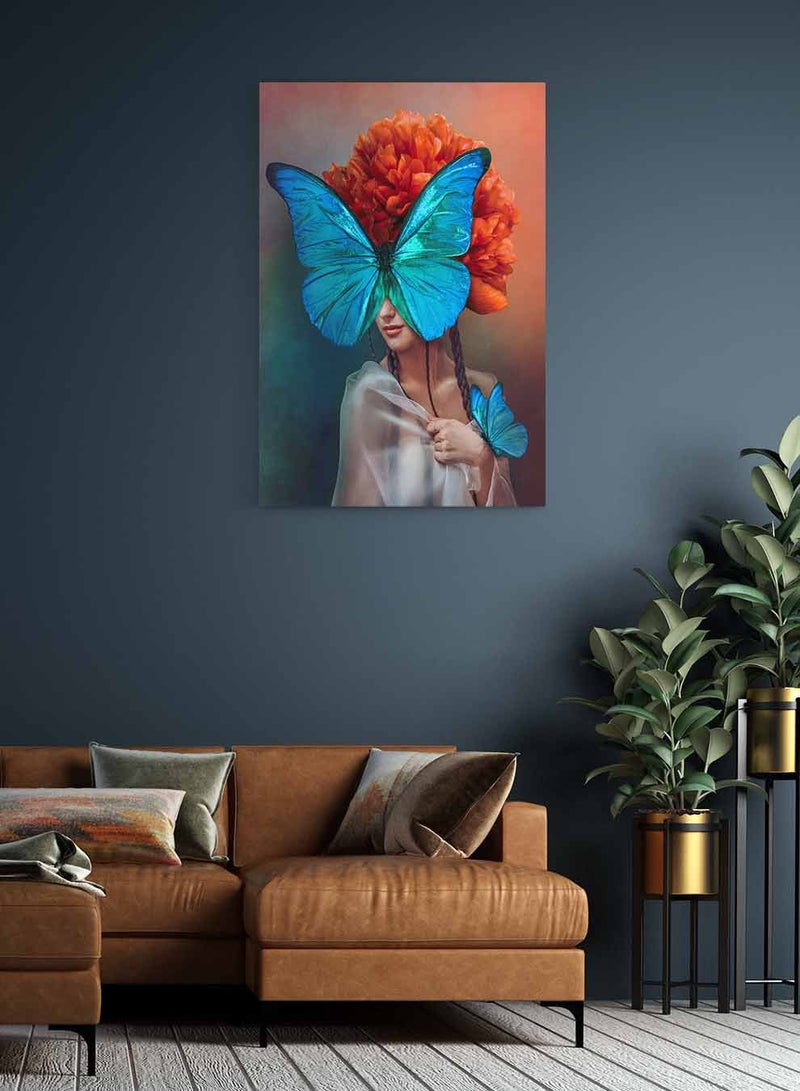 LOWHA Framed Canvas Wall Art Stretched Over Wooden Frame, Woman With Butterflies Painting, For Home, Living Room, Office Decor - Image 2