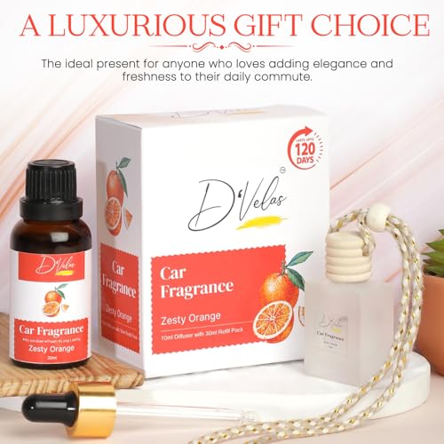 D'Velas 40 Ml Car Fragrance Diffuser Set Long-Lasting Upto 120 Days | Zesty Orange | No Paraben | 10 Ml Wooden Lid Bottle with 30 Ml Refill | Perfume Diffuser | Odor Eliminator for Car Interior - Image 4