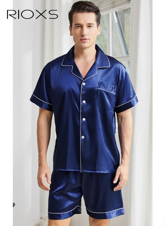 ريوكس طقم بيجامة رجالي باللون الأزرق الداكن بياقة مفتوحة، بأكمام قصيرة وشورت،  ملابس منزلية قابلة للتنفس مع جيب على الصدر، ملابس نوم بأزرار، ملابس منزلية مريحة للصيف، ملابس نوم صيفية جيدة التهوية لمن يعانون من الحر أثناء النوم - Image 1