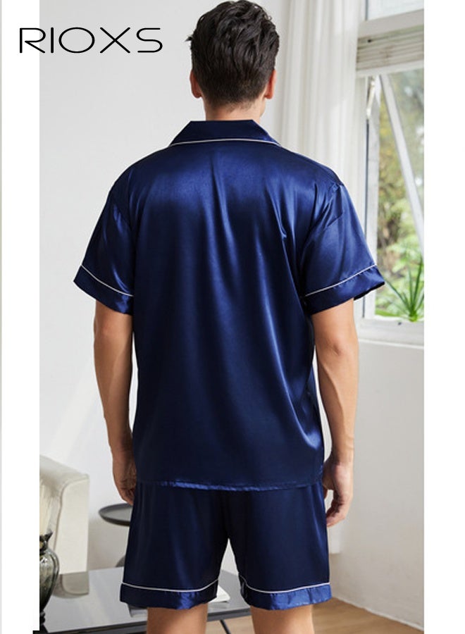 ريوكس طقم بيجامة رجالي باللون الأزرق الداكن بياقة مفتوحة، بأكمام قصيرة وشورت،  ملابس منزلية قابلة للتنفس مع جيب على الصدر، ملابس نوم بأزرار، ملابس منزلية مريحة للصيف، ملابس نوم صيفية جيدة التهوية لمن يعانون من الحر أثناء النوم - Image 2