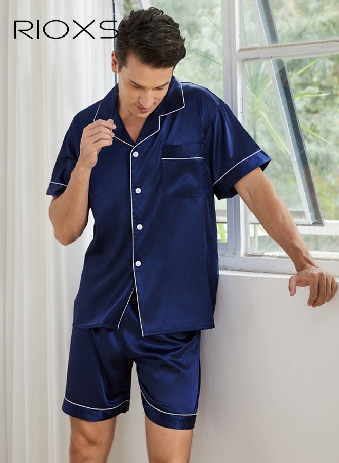 ريوكس طقم بيجامة رجالي باللون الأزرق الداكن بياقة مفتوحة، بأكمام قصيرة وشورت،  ملابس منزلية قابلة للتنفس مع جيب على الصدر، ملابس نوم بأزرار، ملابس منزلية مريحة للصيف، ملابس نوم صيفية جيدة التهوية لمن يعانون من الحر أثناء النوم - Image 3