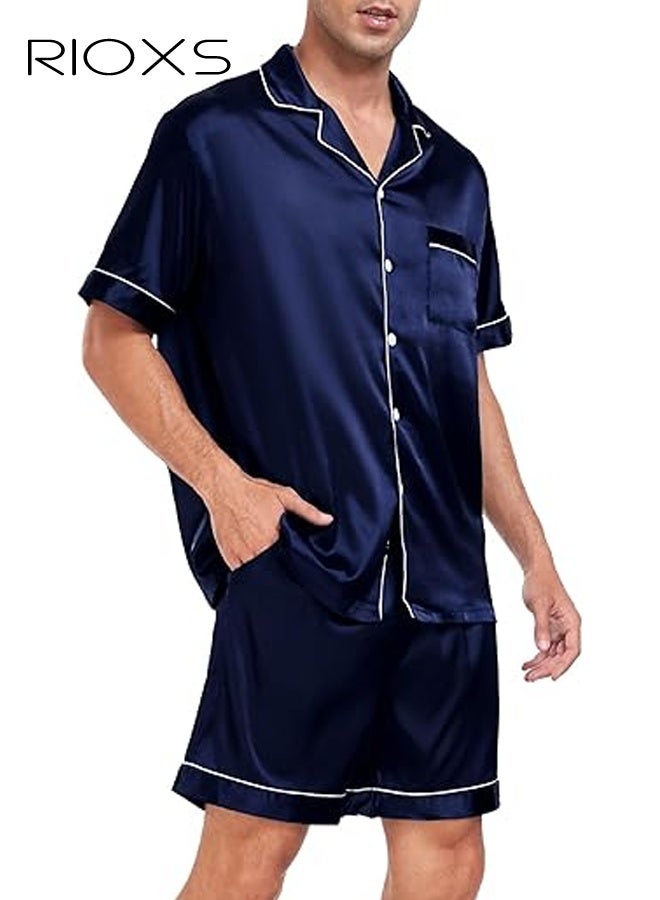 ريوكس طقم بيجامة رجالي باللون الأزرق الداكن بياقة مفتوحة، بأكمام قصيرة وشورت،  ملابس منزلية قابلة للتنفس مع جيب على الصدر، ملابس نوم بأزرار، ملابس منزلية مريحة للصيف، ملابس نوم صيفية جيدة التهوية لمن يعانون من الحر أثناء النوم - Image 4