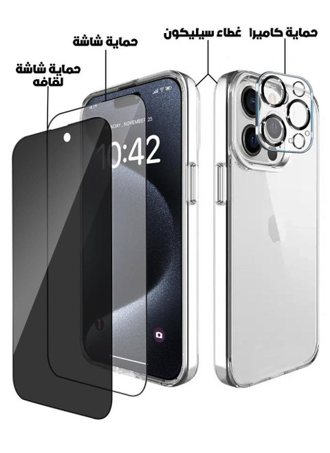 بكج حماية ايفون 16 برو ماكس 4 في 1 . شاشة حماية زجاج ضد الكسر والخدوش . شاشة حماية لقافة . كفر صلب شفاف . حماية عدسة الكاميرا