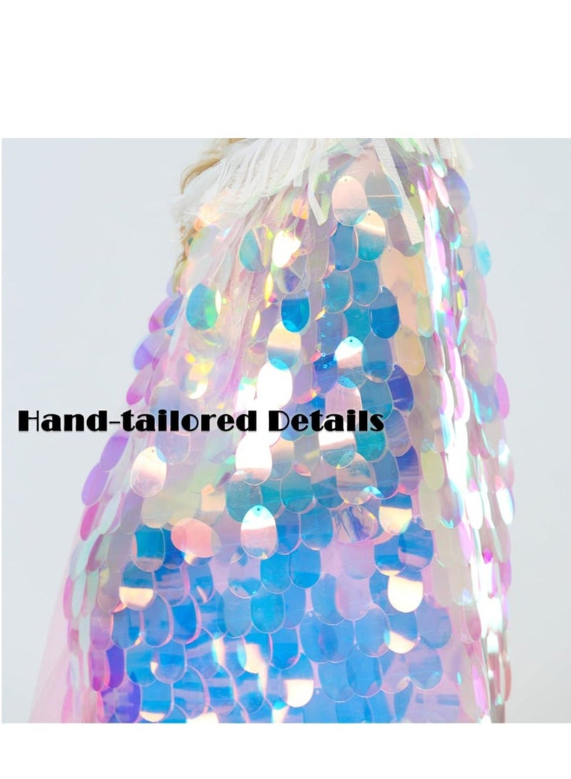 Rainbow Princess Cape for Girls - Children's Ribbon Simulation Wreath, Beach  Headwear, Dress Up Accessories 5T-8Y, Mermaid Sequin Cloak - Kids Party Clothes 2PCS - Image 2