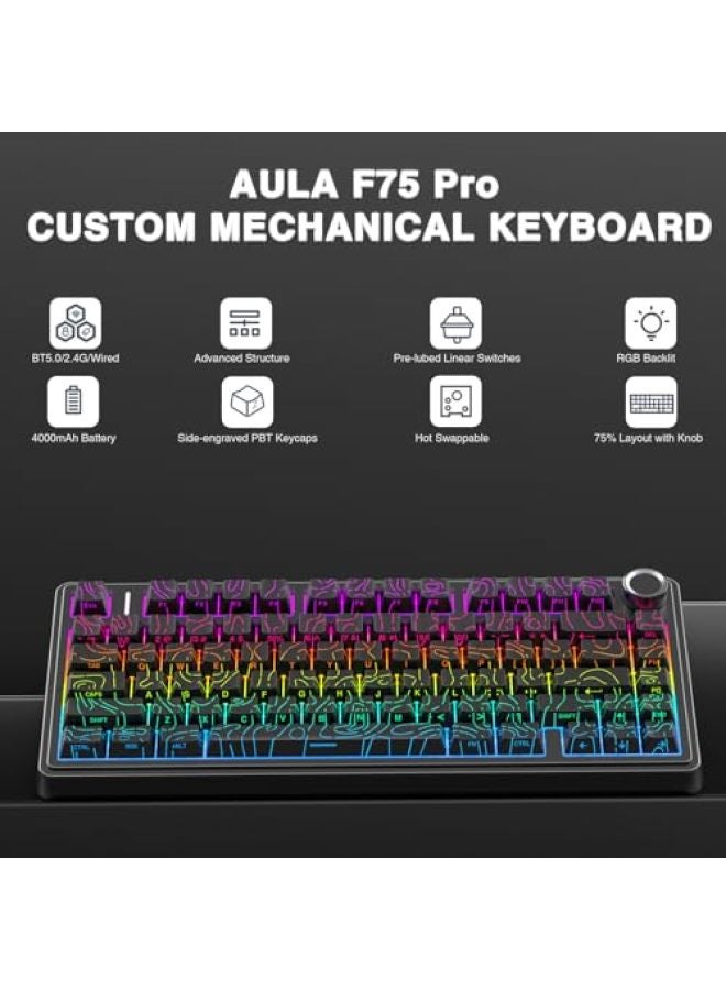 لوحة مفاتيح ميكانيكية لاسلكية AULA F75 Pro، 75% قابلة للتخصيص والتبديل السريع مع مقبض، إضاءة خلفية RGB، مفاتيح Reaper مدهونة مسبقًا، أغطية مفاتيح PBT مطبوعة على الجانب، 2.4GHz/USB-C/BT5.0 للعب - Image 2