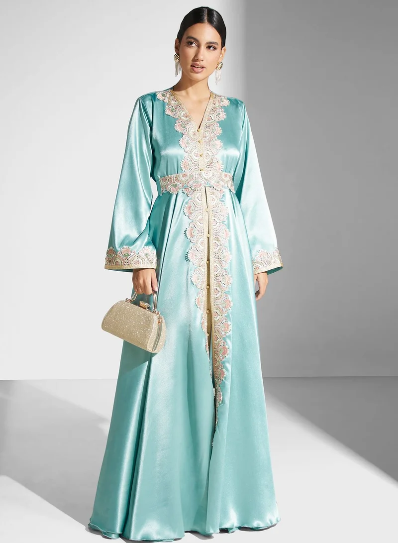 hayas closet Embroidered Satin Caftan Dress