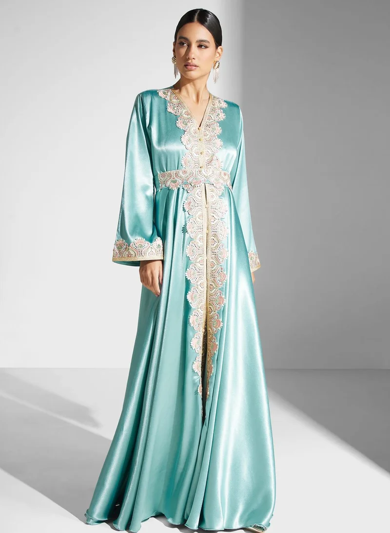 hayas closet Embroidered Satin Caftan Dress
