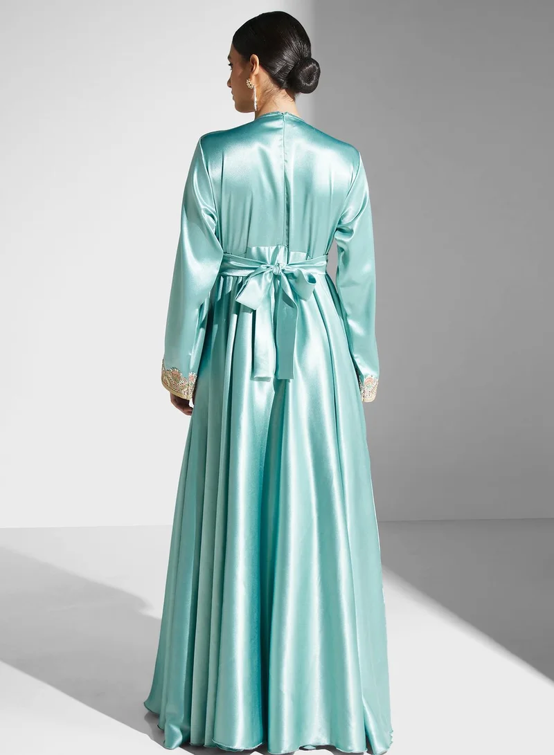 hayas closet Embroidered Satin Caftan Dress