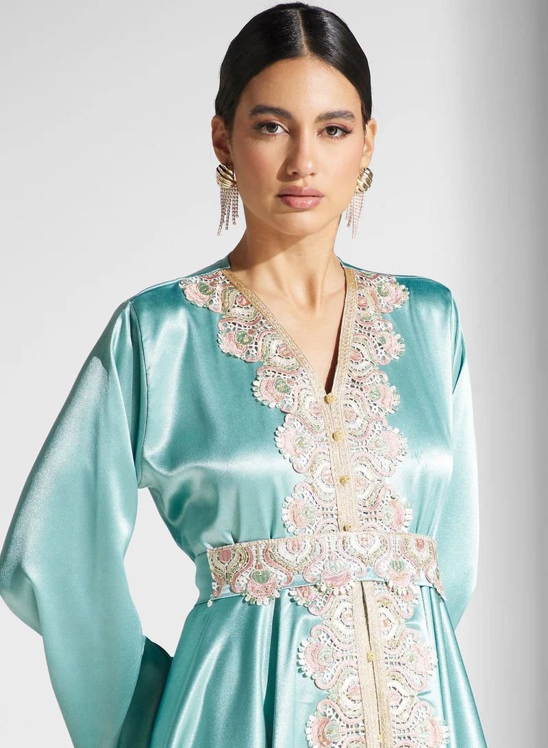 hayas closet Embroidered Satin Caftan Dress