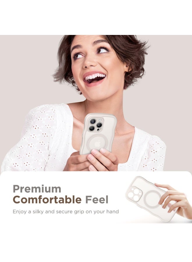 Cute for iPhone 15 Pro Case, Compatible with MagSafe, [Curly Wave Edge] [Full Camera Protection] [14 FT Drop Shockproof Protection] Magnetic Phone Case for 15 Pro 6.1 Inch, Off White