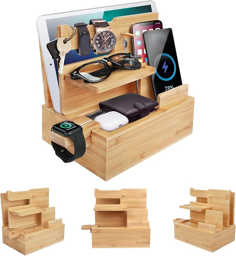 Gocokia Bamboo Multiple Device Docking Station Phone Key Holder Laptop Tablet Wallet Watch Stand,Bamboo Organizer for Key, Wallet, Watch, Glasses - Image 1