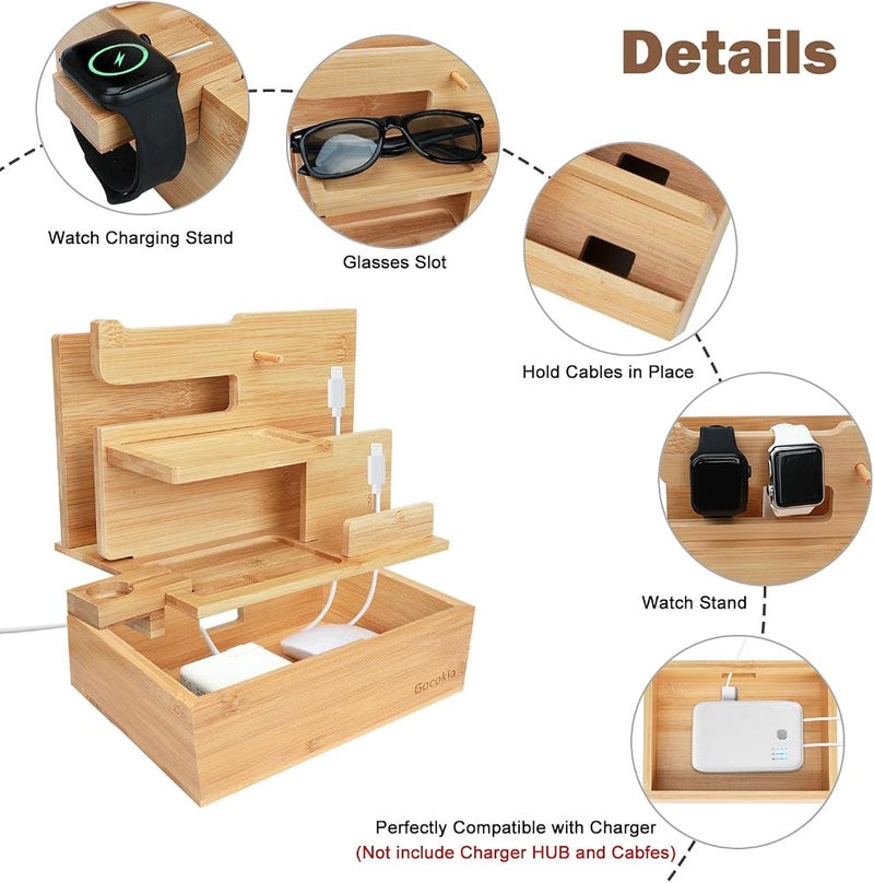 Gocokia Bamboo Multiple Device Docking Station Phone Key Holder Laptop Tablet Wallet Watch Stand,Bamboo Organizer for Key, Wallet, Watch, Glasses - Image 3